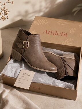 Athlefit Taupe Ankle Boots | Size 7.5 | NEW in Box | Chic Low Heel Booties